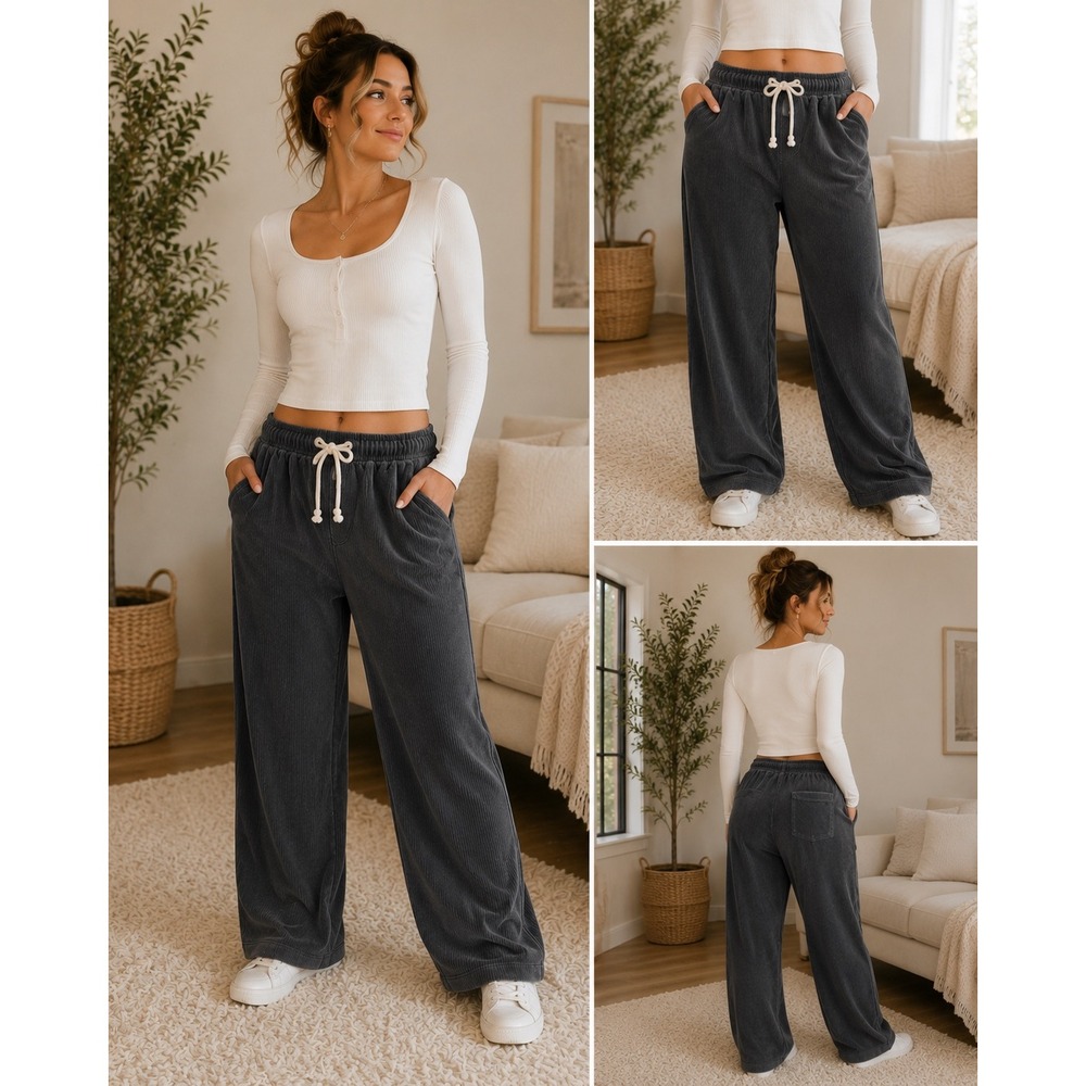 Aerie Corduroy Low Rise Pants Womens XL Smoked Gray Drawstring Wide Leg